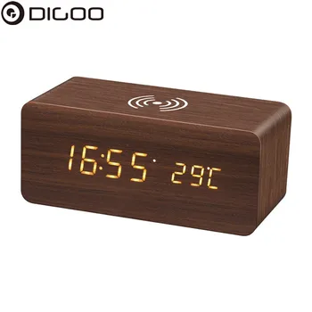 

DG-AC80 LED 12/24 Hour Display Wooden-Clock Wireless Charging Voice Control Desktop Digital Alarm Clock Humidity Temperature