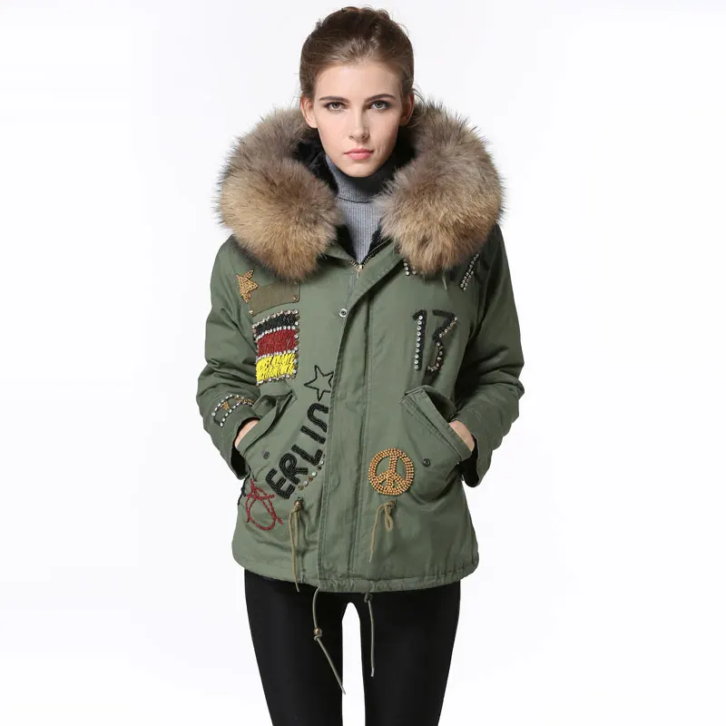 Special Price Winter Army Green Short Jacket Germany Beading Cool black fur jacket Raccoon fur collar coat