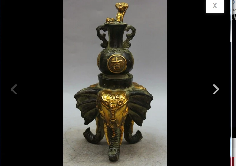 

hui88K802<<<11" Chinese Bronze Ru Yi Auspicious Safety 3 Foot Elephant Head Vase Statue