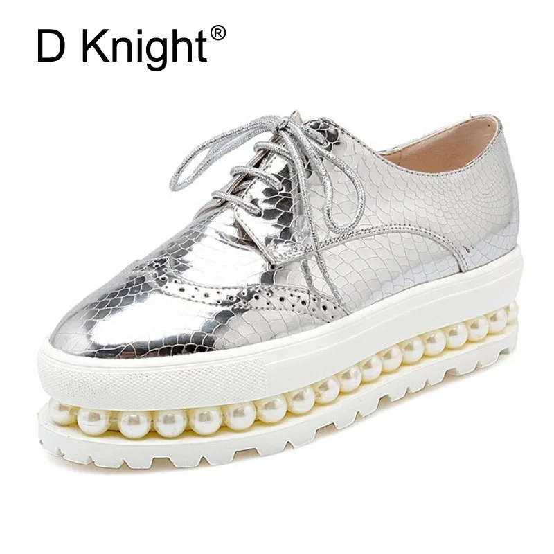 

5 Colors Women Oxfords 2018 New String Bead Bottom Creepers Pearls Platform Shoes Woman Flats Casual Women Shoes Plus Size 33-43