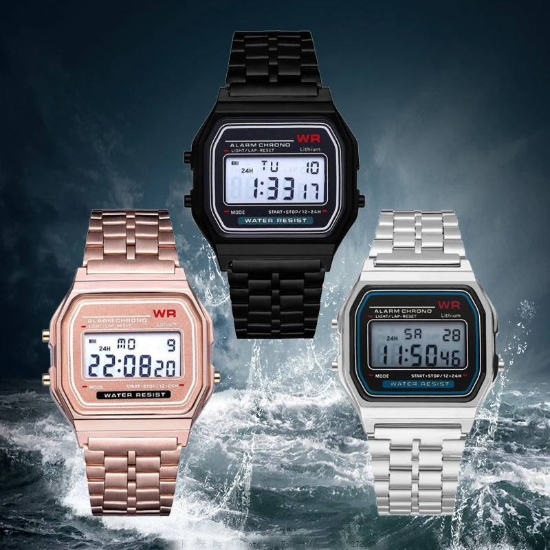 

Ultra-thin F91w sports children's electronic watch Multi-function luminous alarm clock steel strap student watch boy girl child
