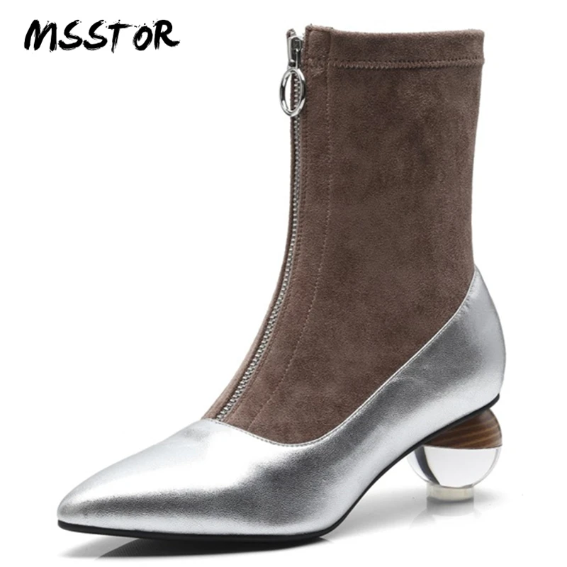 

MSSTOR Transparent Heel Black Boots Women Plus Size 34-43 Silver Elegant Party Shoes For Women Zipper Ankle Boots For Women