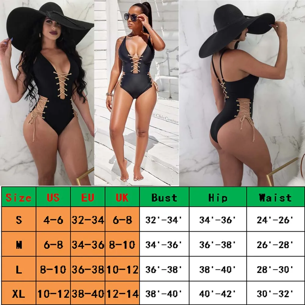 Summer Sexy Bandage One Piece Swimsuits HOT Women Summer Sexy Deep V-Neck Backless Bandage One Piece Swimsuit white lace bodysuit