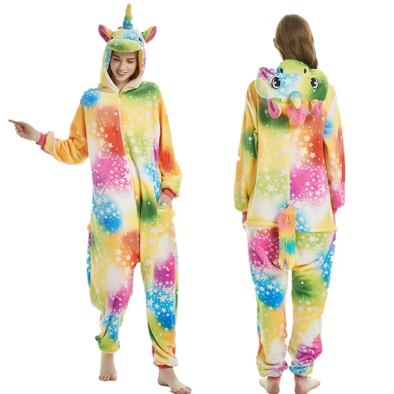 Tanie Ciepła piżama w zwierzątka zestawy dorosłych pijama unicornio Stitch kobiety mężczyźni zima bielizna nocna Cosplay Onesie Unisex zamek z kapturem Homewear
