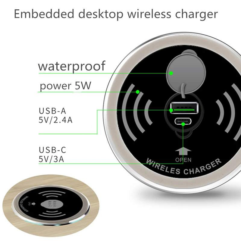 

Desktop Embedded qi Wireless Charger Pad 15W USB Type C Output Quick Charge QC 3.0 For iPhone Xiaomi Samsung Wireless Charging