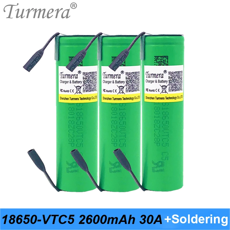 

Turmera 18650 vtc5 us18650vtc5 2600mAh 30a 18650 lithium rechargeable battery for screwdriver shura + soldering strip