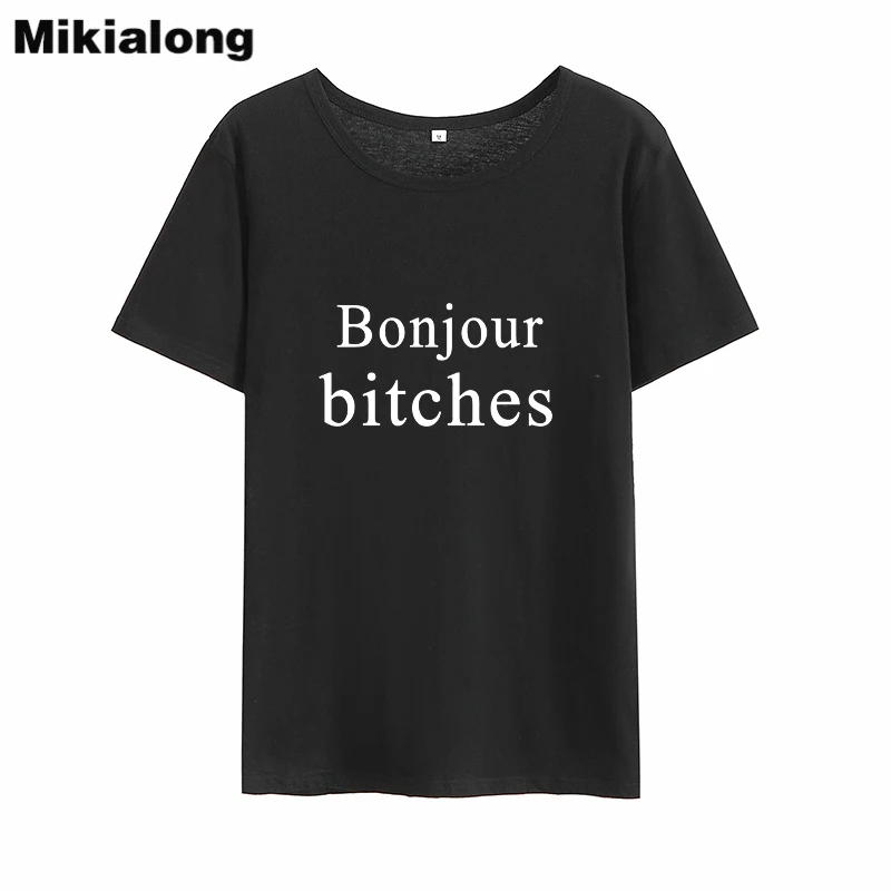 Mikialong Bonjour Забавные футболки для женщин 2018 летняя Хлопковая женская футболка с