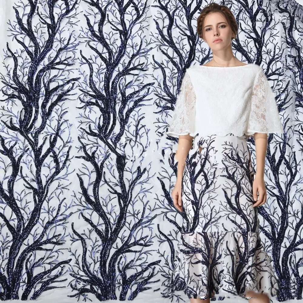 

5yards/lot Pretty branch embroidery net lace with sequins Good selling African style lace fabric for party dress