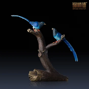 

2 Blue Magpies on the Stump Statue Home Office Decoration Chinese Brass Copper Lucky Wealth Animals Craft Business Gift