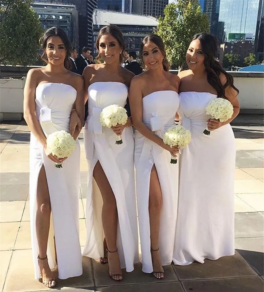 Очаровательный белый Длинные свадебные платья без бретелек рукавов высокий разрез пикантное Свадебные праздничные платья 2019 Дешевые