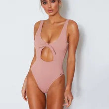 Сексуальная High Cut купальник Одна деталь купальник Для женщин ребристые монокини с бантом ванный комплект выдалбливают пляжная одежда женское белье