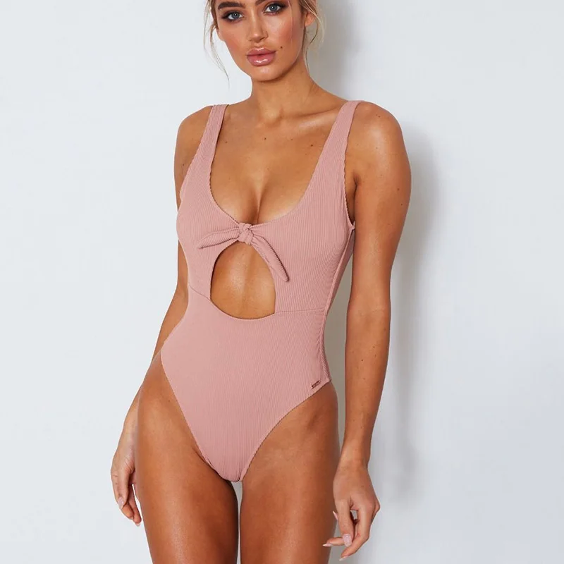 Billig Sexy High Cut bein Bademode One Stück Badeanzug Frauen Gerippte Monokini Bogen Knoten Badeanzug Aushöhlen Strand tragen Thong body