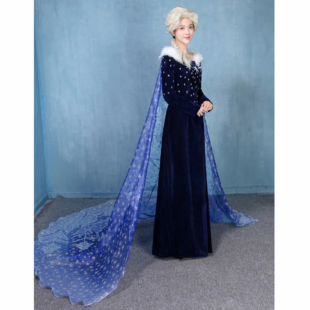 Взрослая Эльза, Снежная королева, карнавальный костюм, принцесса Эльза, синее бархатное платье, Женский карнавальный костюм на Хэллоуин, длинный плащ, вечерние платья