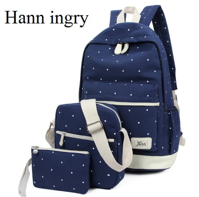 HANN INGRY Boy &amp Girl Teenage School Bag 3 Pcs/Set Schoolbag Large Capacity Dot Printing Canvas Backpack Mochila feminina H121D | Багаж и