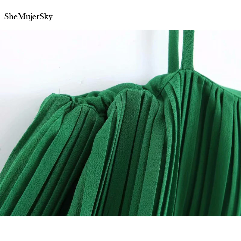 Женский плиссированный топ SheMujerSky зеленый короткий без рукавов лето 2019|Топы| |