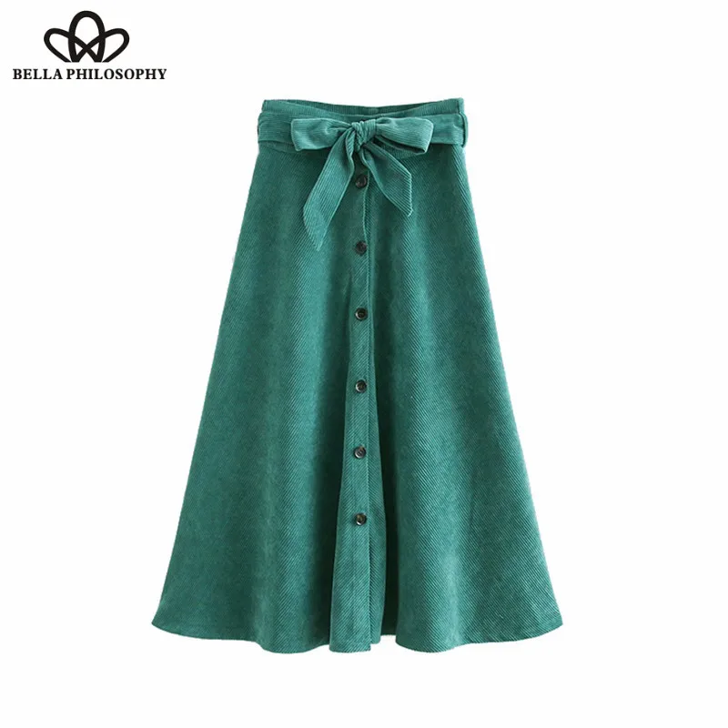 Wonder 2018 new Vintage Chic With Belt Buttons Corduroy Midi Skirt A Line Paperbag Waist Pleated Skirts Casual Faldas Mujer