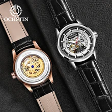 Роскошные часы от ведущего бренда ochстin, мужские новые модные автоматические механические часы со скелетом, мужские часы с кожаным ремешком, водонепроницаемые светящиеся часы