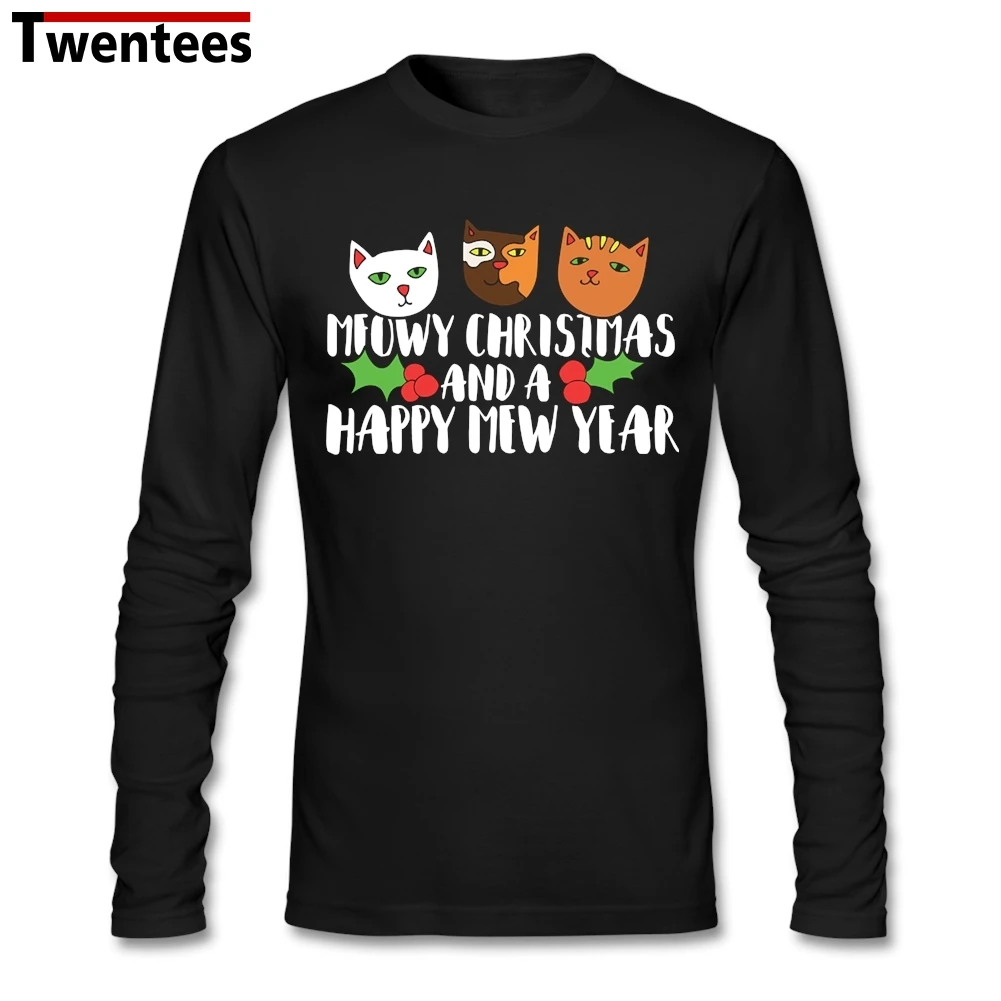 ==> [Free Shipping] Buy Best Meowy Christmas Cat happy NEW year Tee Shirt Men Boy Premium Custom Long Sleeve Valentine's Big Size Bottoming Party T Shirts Online with LOWEST Price | 32747597413