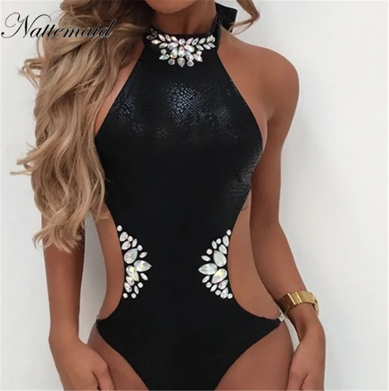 

NATTEMAID High-quality New Women Solid Pattern Bodysuit Hollow Crystal Beach Wear One-piece De Bain Rompers Bodycon Bodysuit