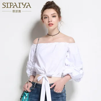 

2017 New Summer Korean Strapless Slash Neck Women Blouse Shirt Bowknot Design Casual Long Puff Sleeves Women Top Blusas Feminina