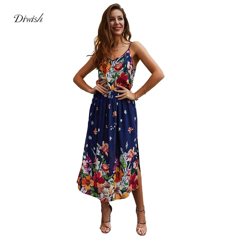 

Diwish Women Long Summer Dress 2019 Casual Beach Sundress V-Neck Bohemian Floral Dress Slit Sexy Midi Spaghetti Strap Dress
