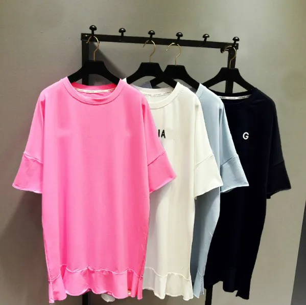 

2019 Summer Korean Women's Loose Letters Embroidery Bat Sleeve Shirt Ruffle Solid Color Sweatshirt Long Top Tees