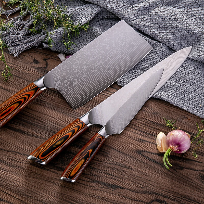 5-7-8 дюймов кухонный нож поварской нож японская фирма 7Cr17 из нержавеющей стали Высокоуглеродистый лазер дамасский узор нож Santoku