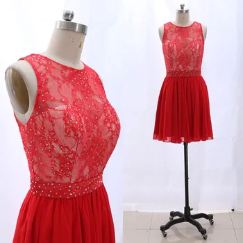 

MACloth Red Short Scoop Neck Knee-Length Short Crystal Chiffon Prom Dresses Dress S 265196 Clearance