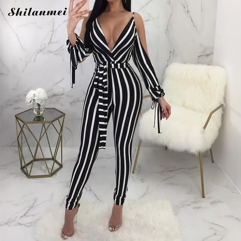 Striped Cold Shoulder сексуальное боди Глубокий V спинки полный комбинезон Комбинезоны Bodycon бинты Детский комбинезон Для женщин комбинезон с поясом