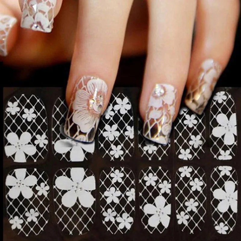 

Nail Art Stickers Decals Water Transfer Stamper Manicure White Lace Rhinestone Printing