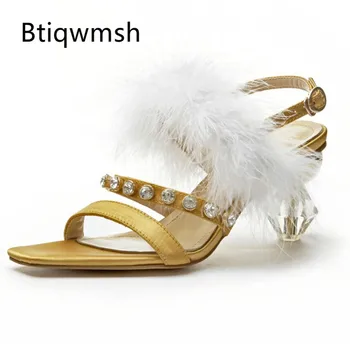 

2019 New Fur Sandals Women Peep Toe Rhinestone Crystal Strange High Heel Shoes Woman Fashion Party Shoes