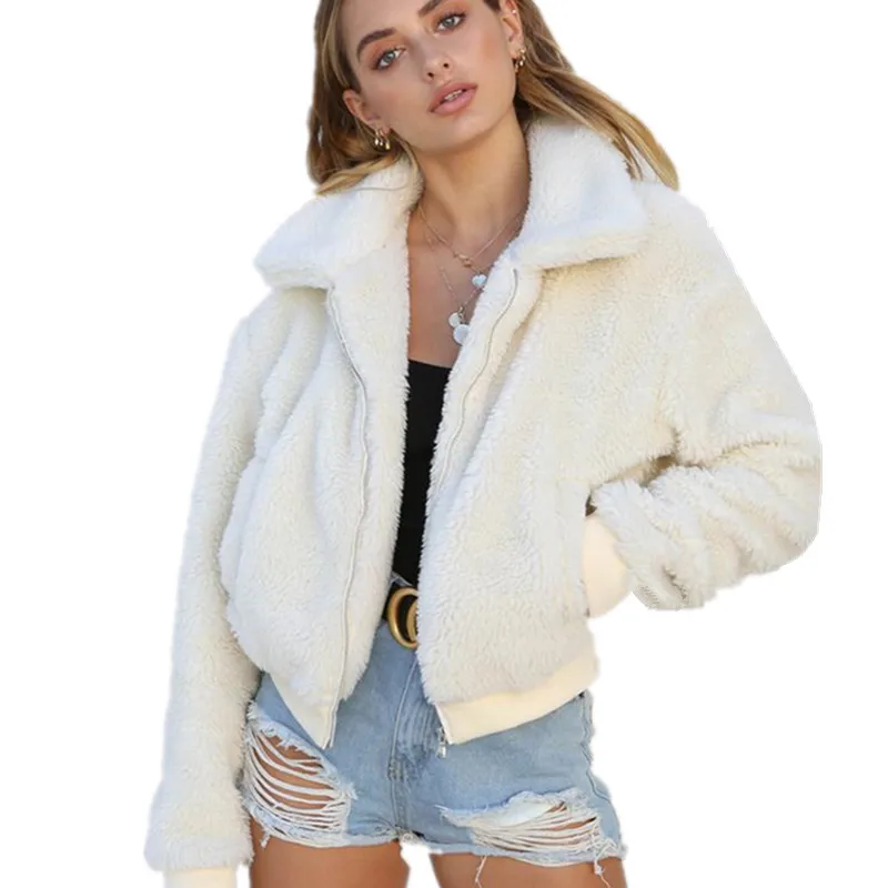 LOSSKY White Winter Fleece Jacket Women's Autumn Long Sleeve Solid Crop