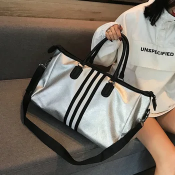 

Women Fashion Stripe Travel Bag Pu Large Capacity Sliver Handbags Outdoor Sport Yoga Shoulder Bags Hand Luggage Packing Cubes