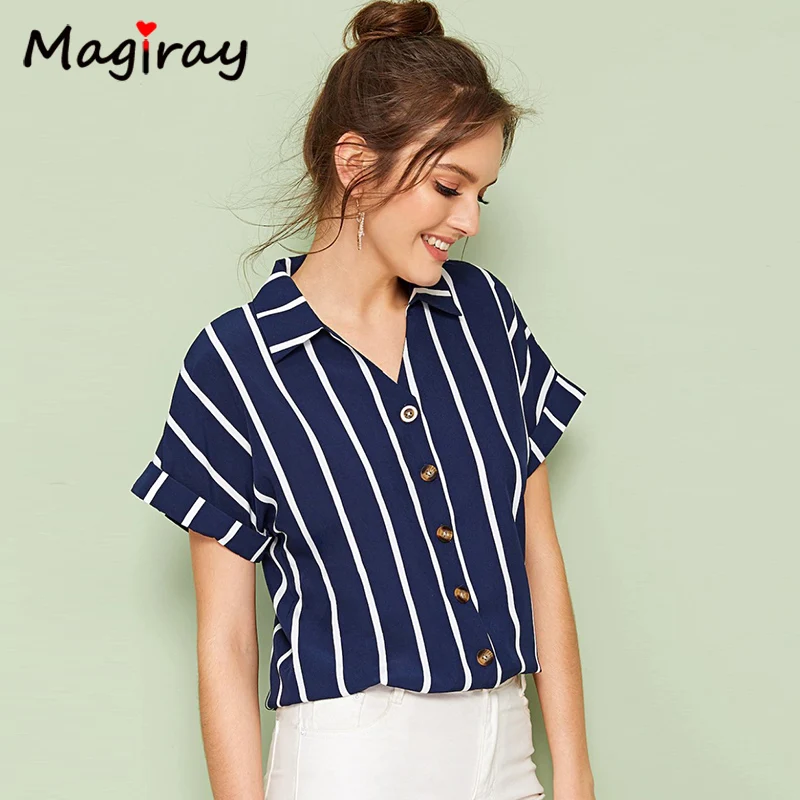  Magriay White Blue Striped Blouses Women Button Collared Batwing Sleeve Korean Elegant Chic Casual 