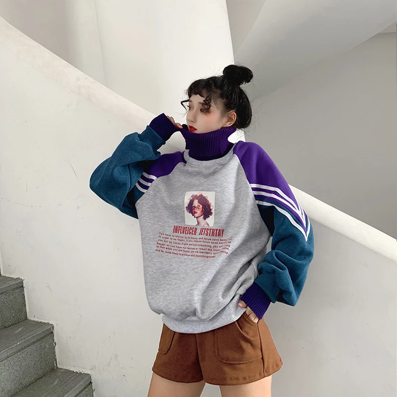 Толстовки для женщин пуловеры для с длинным рукавом толще печатных Harajuku s Лоскутная водолазка Досуг Теплые трендовый худи
