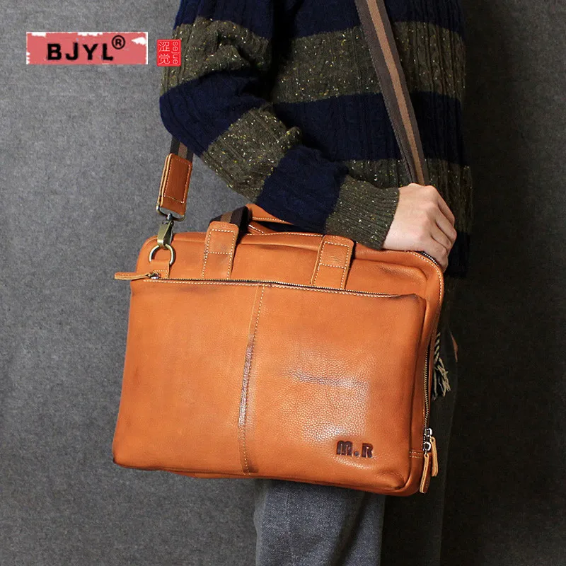

BJYL Original Handmade Genuine leather men bag cross section handbag head layer leather shoulder large Messenger Laptop bags