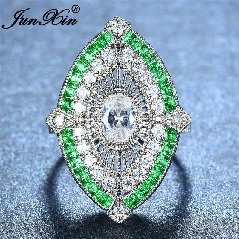 JUNXIN Antique 925 Silver Filled Big Rings For Women Men Green Stone White Zircon Wedding Bands Female Male Turkish Jewelry Gift