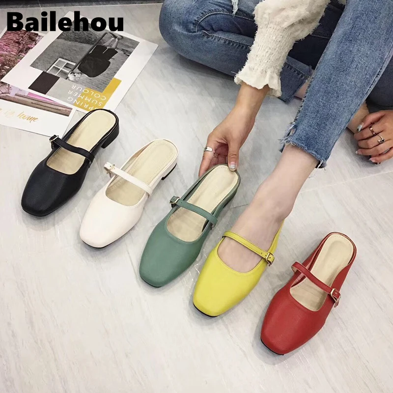 

Bailehou Square Toe Mules Slippers 2019 Summer Women Fashion Candy Color Flats Sandals Low Heel Slip On Casual Flip Flop Slides