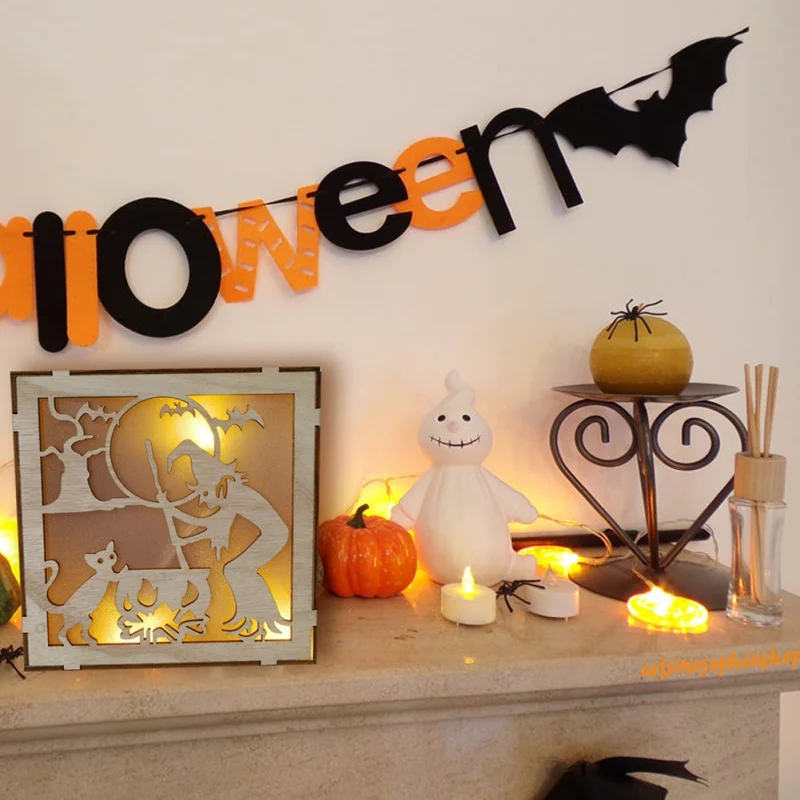 

Hanging Decoration Haunted House Pattern Wooden Halloween Square Laser Hollow With LED Light Hanging Decoration