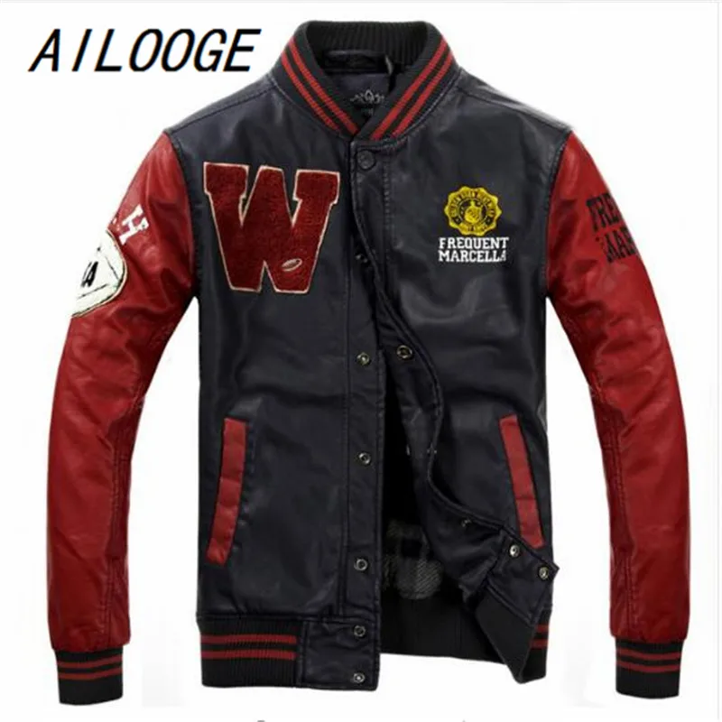 

AILOOGE 2017 Baseball Leather Jacket College Jaqueta Couro Men's PU Leather Jacket Street Jacket High Quality Autumn Winter Coat