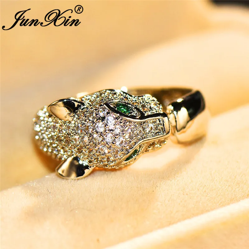 JUNXIN женские и мужские кольца с леопардовой головой для пары, 925 серебро, розовое золото, заполненное белым кристаллом, кольцо с зеленым камнем для мужчин и женщин