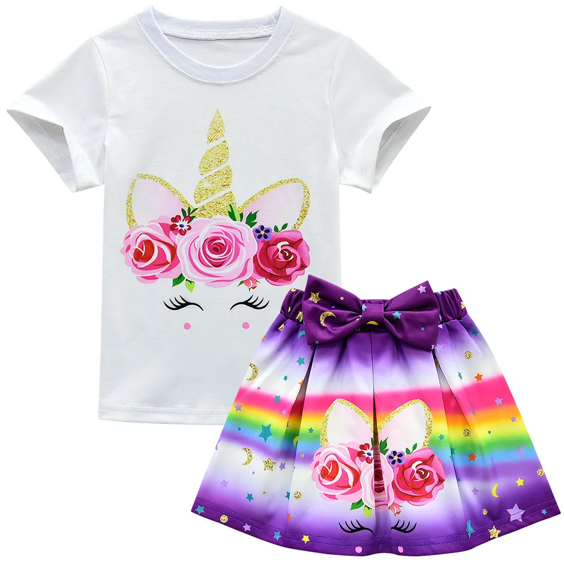 3-10Y Cute Girls Summer Clothing Kid T-shirt Tops+Short skirt 2pcs Outfits Kids Fashion Clothes toddler girl unicorn clothes