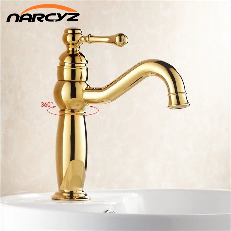 Gold-plated long mouth luxury single handle deck mounted brass artistic basin faucet MDN-1