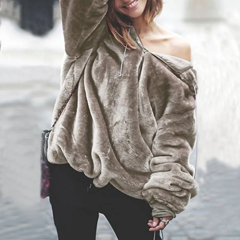 Gladiolus 2018 Autumn Winter Faux Fur Coat Women Long Sleeve Zipper Furry Loose Warm Hooded Jacket Women Coat Fashion Overcoat (24)