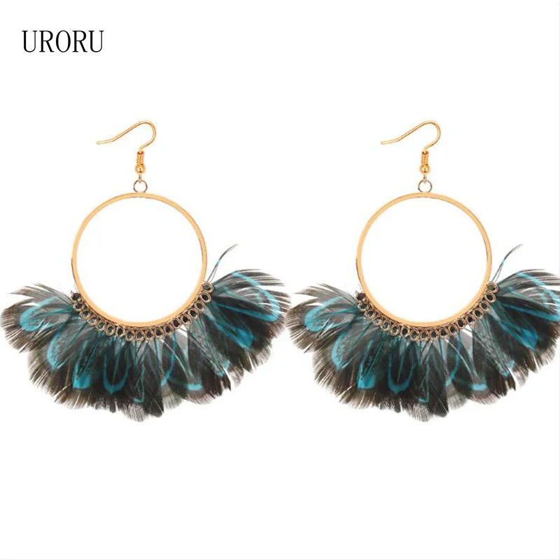 

URORU Fashion Fabric Feather Drop Earrings For Women Colorful Petal Circle Big Fancy Earring Jewelry Dangle Drop Earrings
