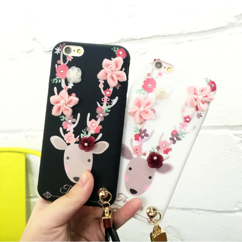 Popular 3D Flower Wrist Strap Soft Phone Case for Apple iPhone6 6s Animal Deer Cover iPhone 7 Plus TPU Anti-knock Protective |