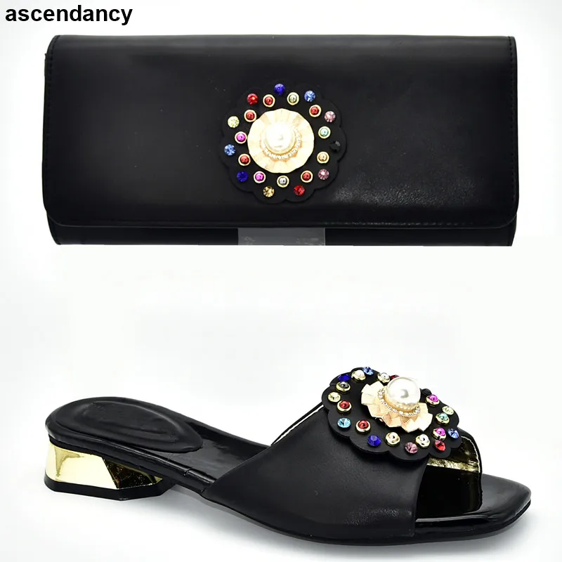 

Latest Italian Shoes with Matching Bags Set Decorated with Rhinestone Nigerian Women Party Pumps with Purse Luxury Sandals Women