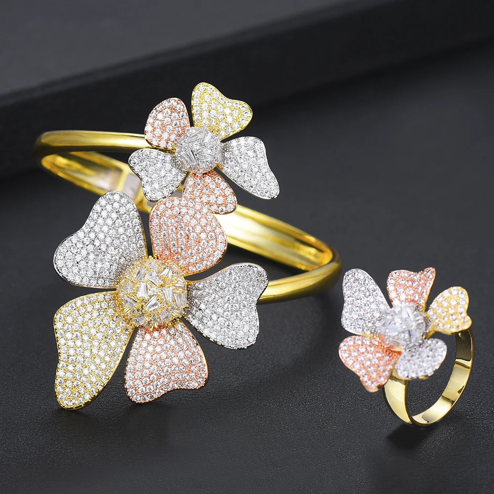 

missvikki Gorgeous Brand Flowers Adjustable Openning Bangle Ring Jewelry Set for Women Important Occasion Party Noble Symbol