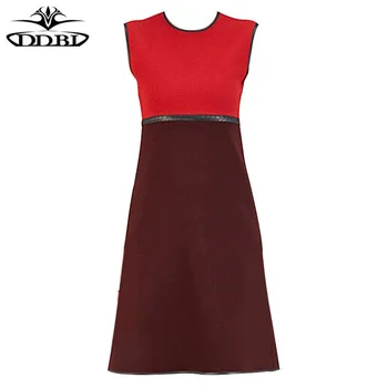 ddbl wine colored patchwork braided waist dress red 2017 high quality women