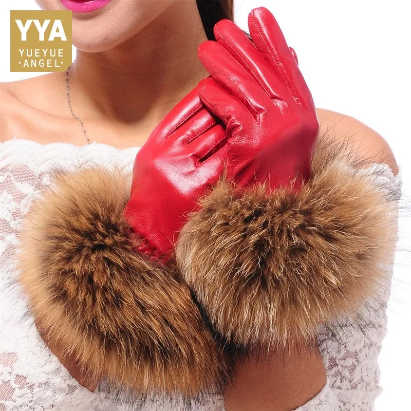 Luxury Women S Winter Sheepskin Touch Screen Gloves Real Raccoon Fur Genuine Leather Glove
